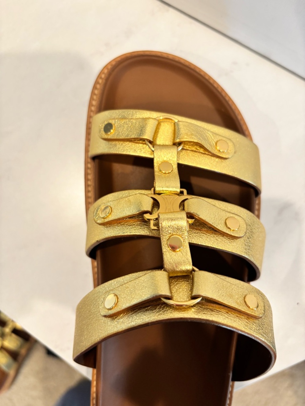 Celine Triomphe Mule 30 Metallic Gold Leather Triple-Strap Slides - Picture 7 of 14